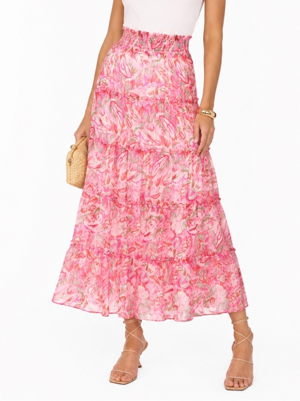 Vince Camuto Tiered Smocked Waist Maxi Skirt in Flamingo Pink Size XS